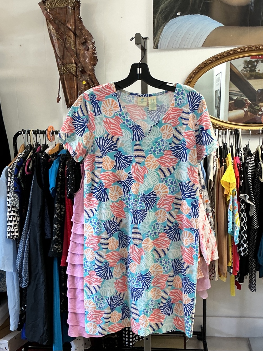 Vibrant Seashell Print V-Neck Shift Dress